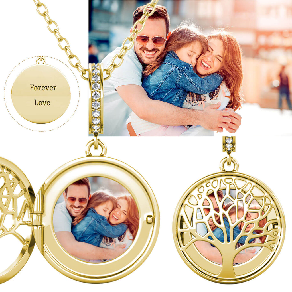 Personalised Photo Round Family Tree Locket Necklace Gold
