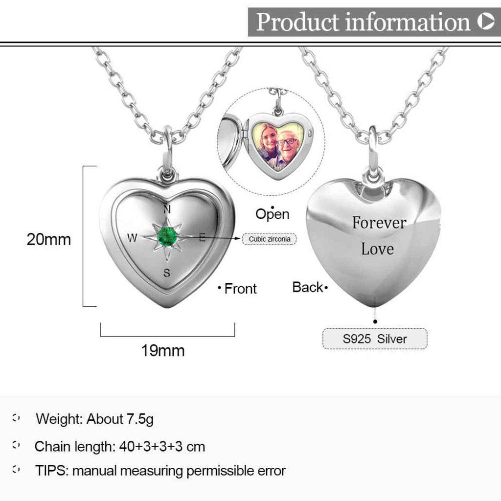 Personalised Photo Heart Locket Necklace with Birthstone Sterling Silver