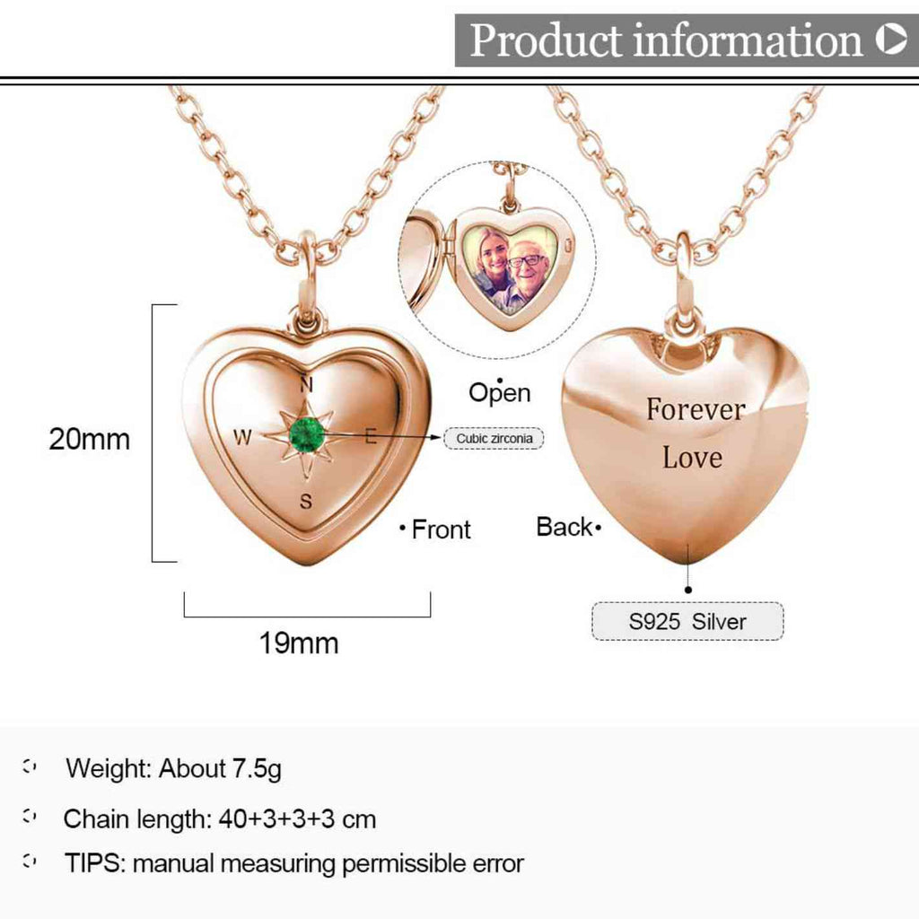 Personalised Photo Heart Locket Necklace with Birthstone Rose Gold