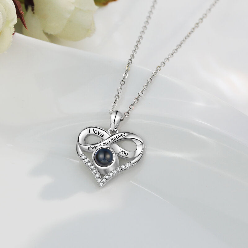 Photo Projection Necklace with Engraving, Infinity Heart Photo Necklace with Picture Inside, Memory Engraved Necklace