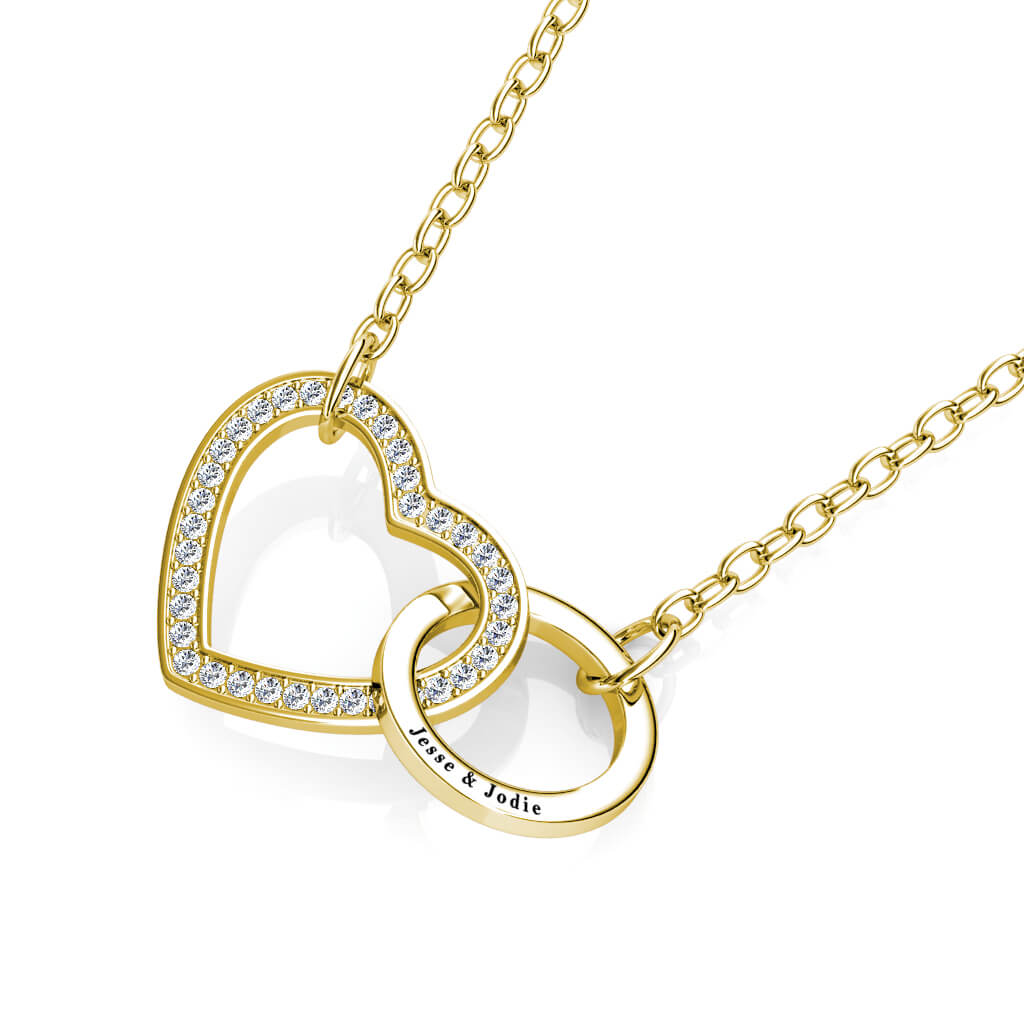Personalised Interlocking Heart and Circle Pendant Necklace with Engraving - Yellow Gold