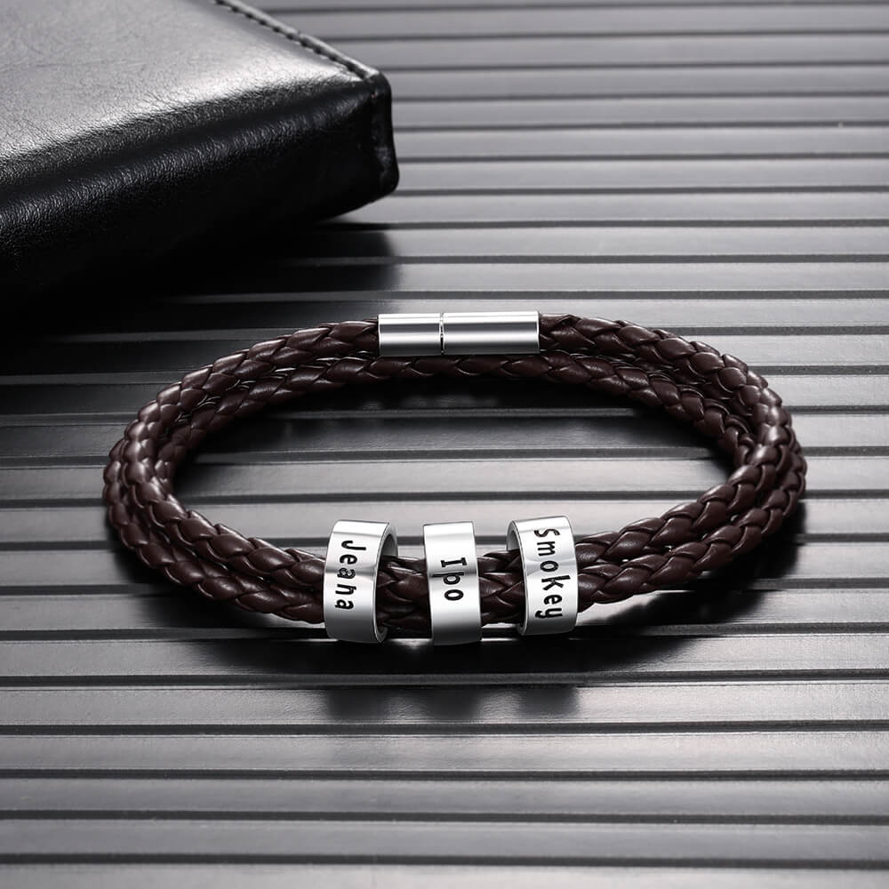 Personalised Men's Brown Leather Bracelet - Men's Engraved 3 Names Bracelet - Sterling Silver Beads