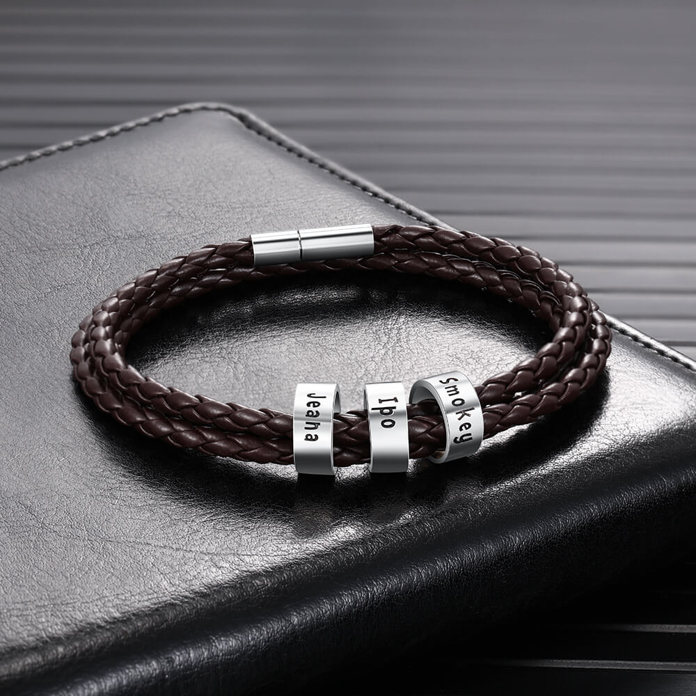 Personalised Men's Brown Leather Bracelet - Men's Engraved 3 Names Bracelet - Sterling Silver Beads