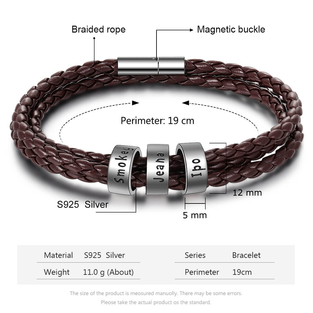 Personalised Men's Brown Leather Bracelet - Men's Engraved 3 Names Bracelet - Sterling Silver Beads