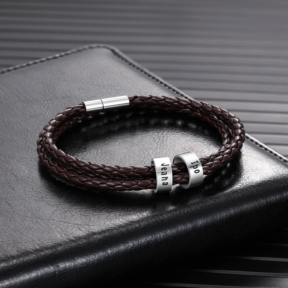 Personalised Men's Brown Leather Bracelet - Men's Engraved 2 Names Bracelet - Sterling Silver Beads