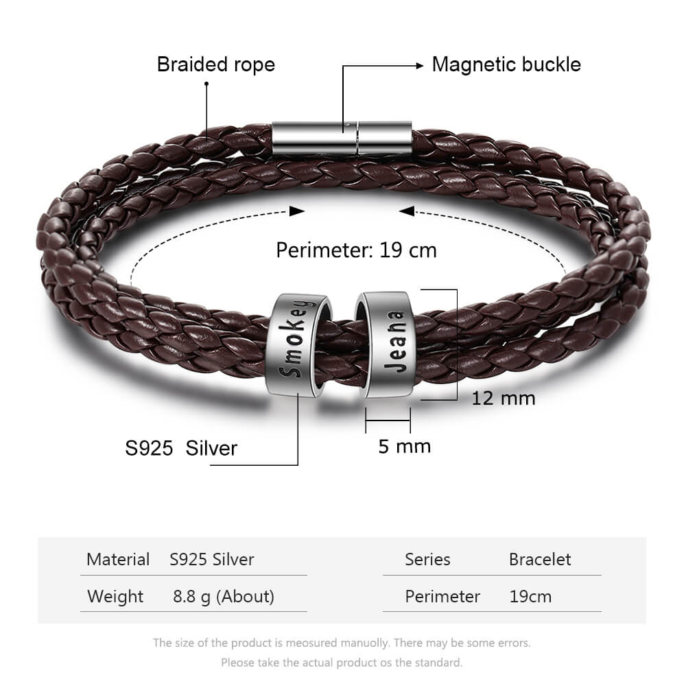 Personalised Men's Brown Leather Bracelet - Men's Engraved 2 Names Bracelet - Sterling Silver Beads