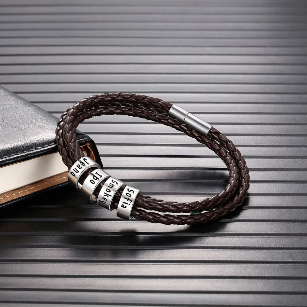 Personalised Men's Brown Leather Bracelet - Men's Engraved 4 Names Bracelet - Sterling Silver Beads