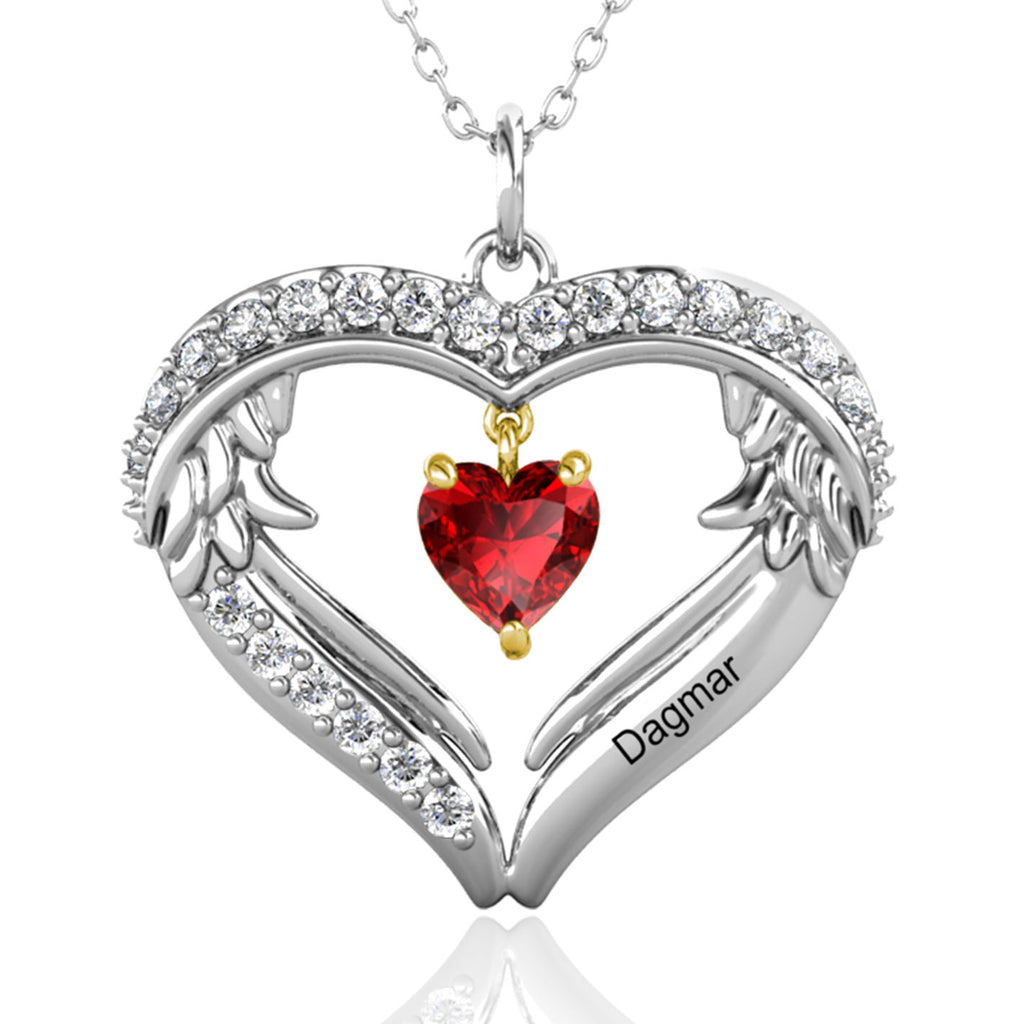 Heart Shaped Personalised Necklace with Heart Birthstone and Engraved Name