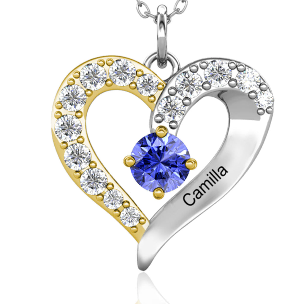 Heart Shaped Personalised Necklace with Birthstone and Engraved Name