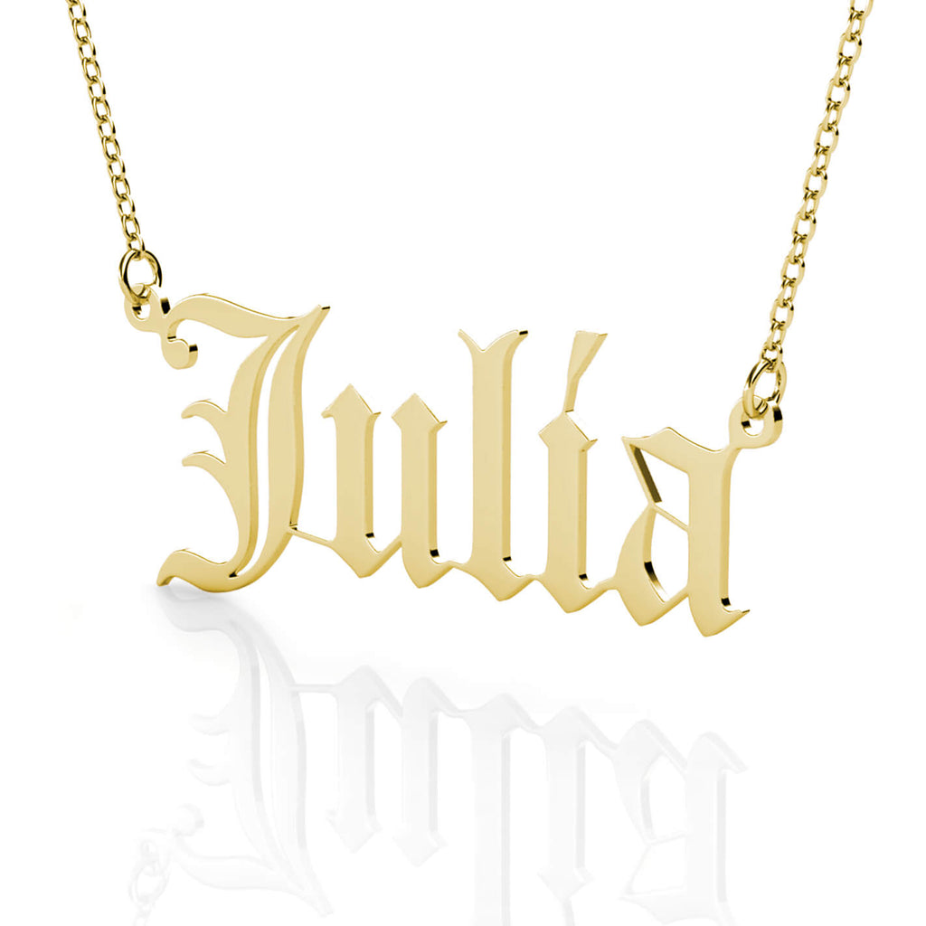 Personalised Old English Name Necklace Sterling Silver Yellow Gold