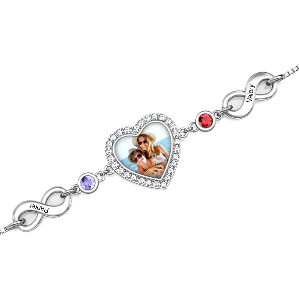 Personalised Heart Photo Bracelet with Infinity Engraved Charm and Birthstones Silver