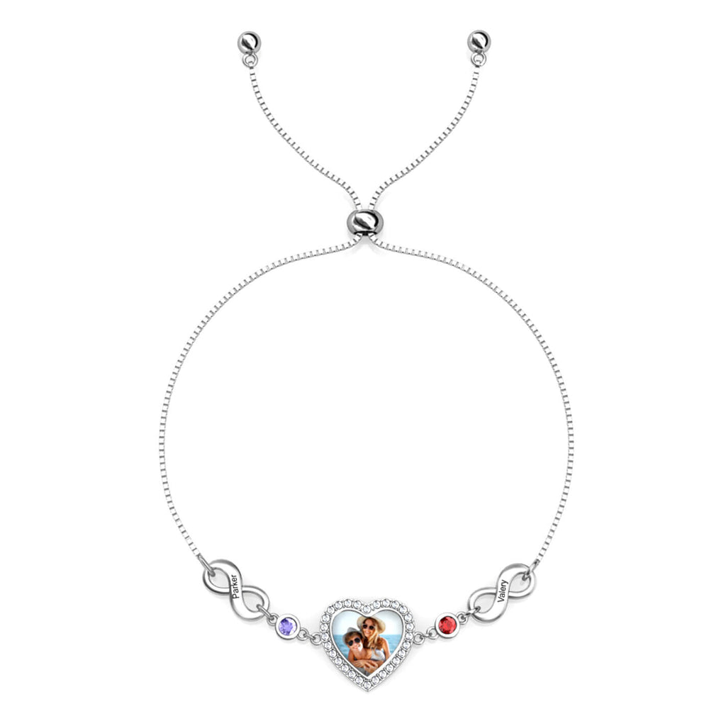 Personalised Heart Photo Bracelet with Infinity Engraved Charm and Birthstones Silver