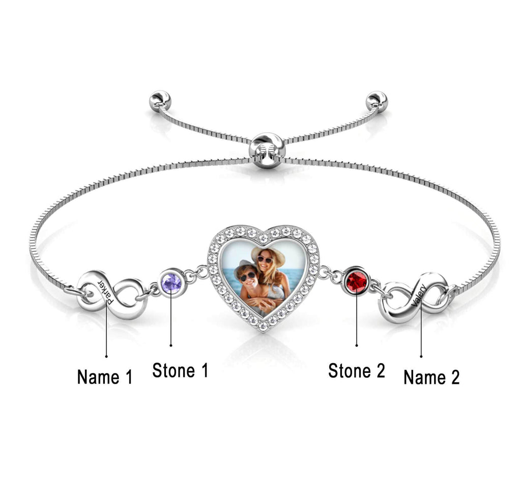 Personalised Heart Photo Bracelet with Infinity Engraved Charm and Birthstones Silver