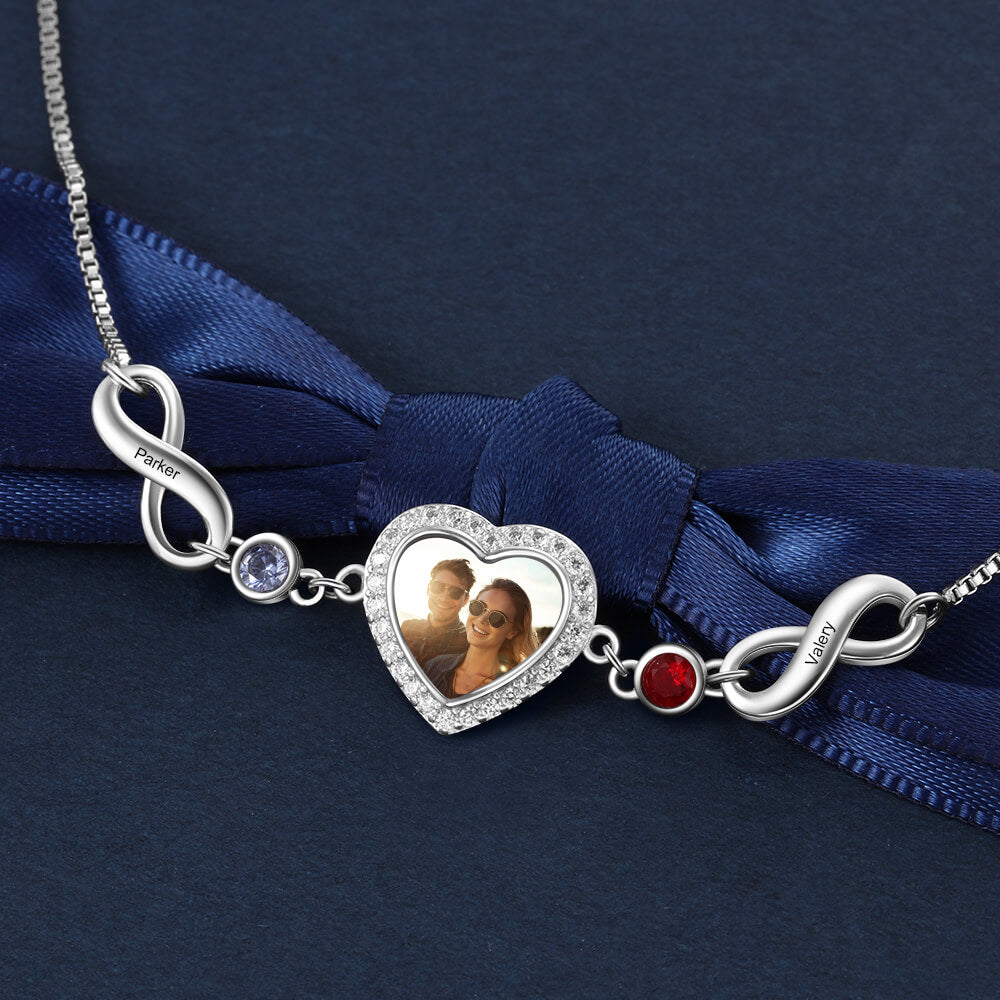 Personalised Heart Photo Bracelet with Infinity Engraved Charm and Birthstones Silver