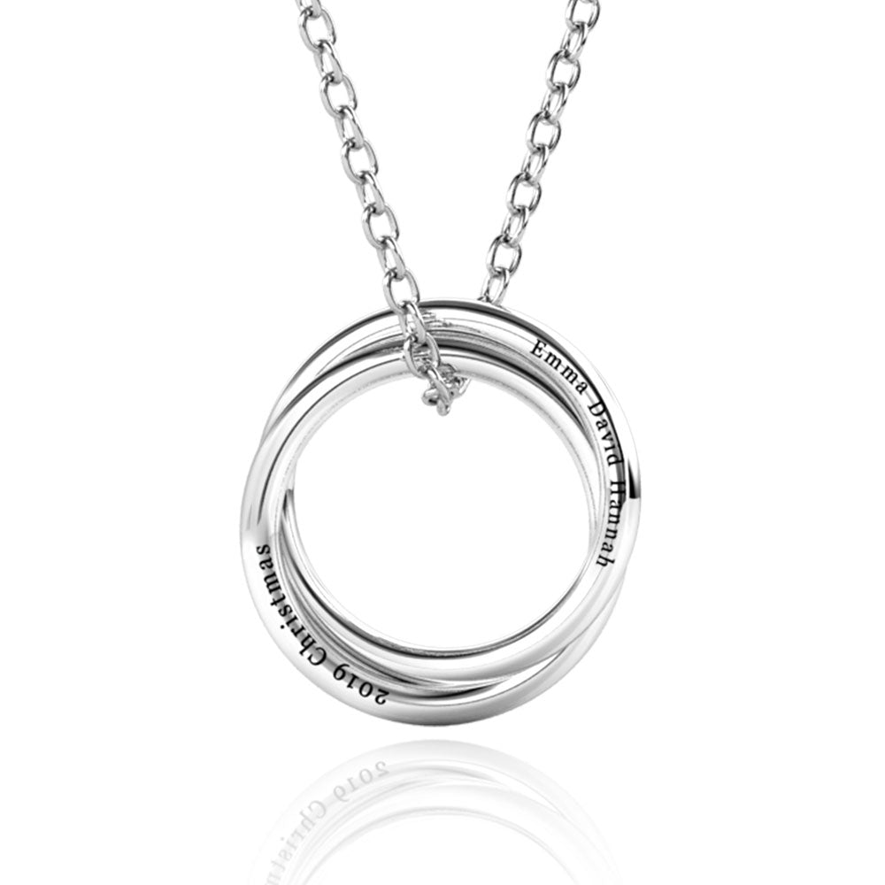 Personalised Russian 2 Ring Necklace with Engraved Children's Names Sterling Silver