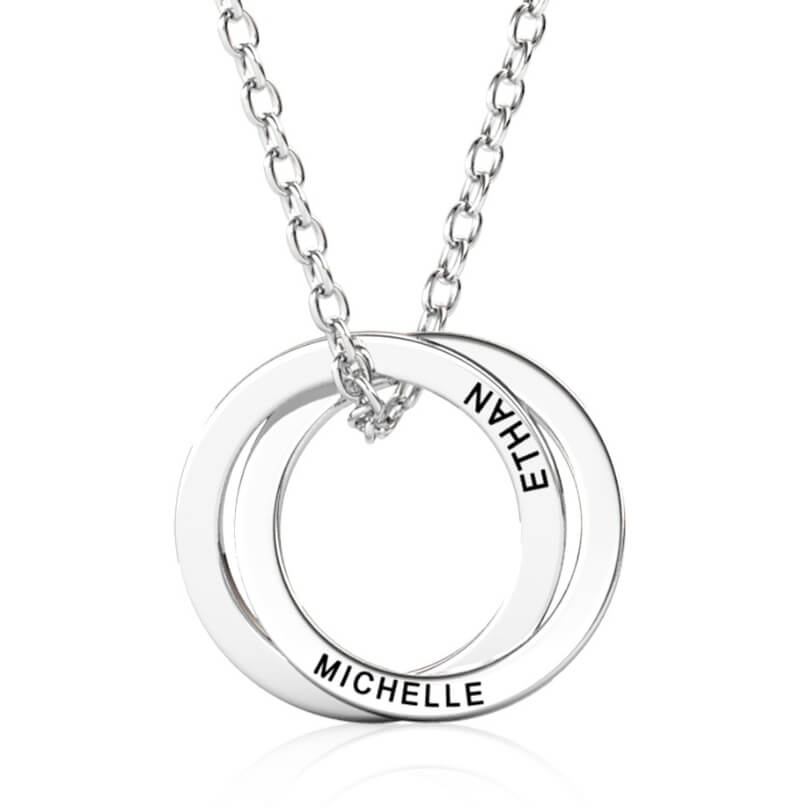 Personalised Russian 2 Ring Necklace with Engraved Names Sterling Silver