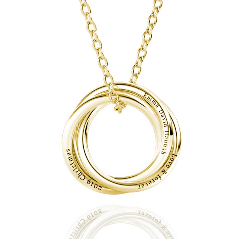 Personalised Russian 3 Ring Necklace with Engraved Children's Names Gold