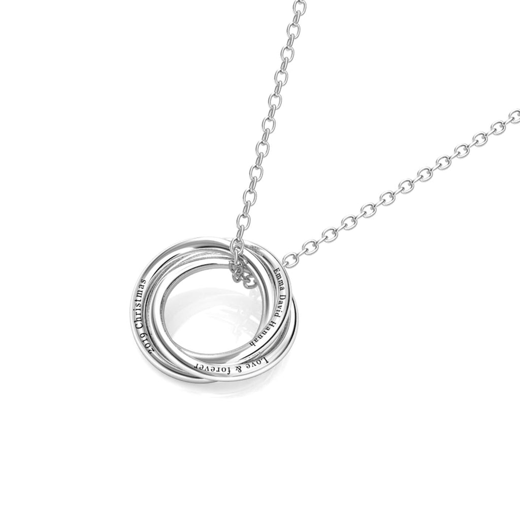Personalised Russian 3 Ring Necklace with Engraved Children's Names Sterling Silver