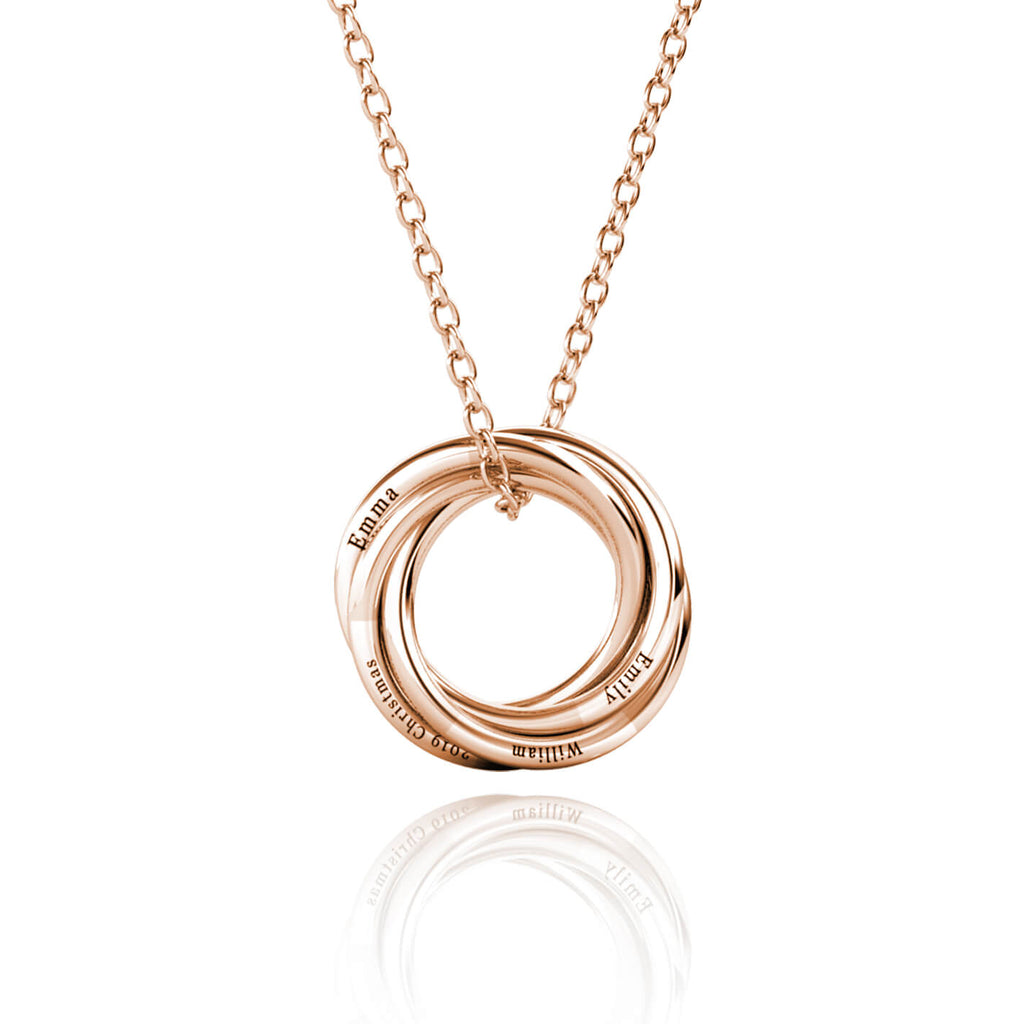 Personalised Russian 4 Ring Necklace with Engraved Children's Names Rose Gold