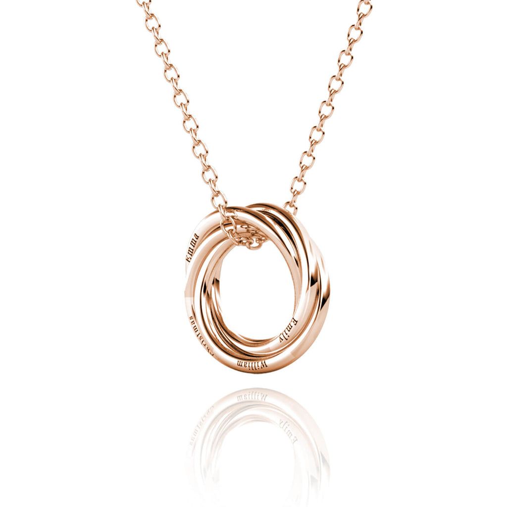Personalised Russian 4 Ring Necklace with Engraved Children's Names Rose Gold