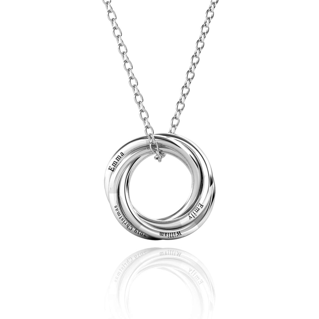 Personalised Russian 4 Ring Necklace with Engraved Children's Names Sterling Silver