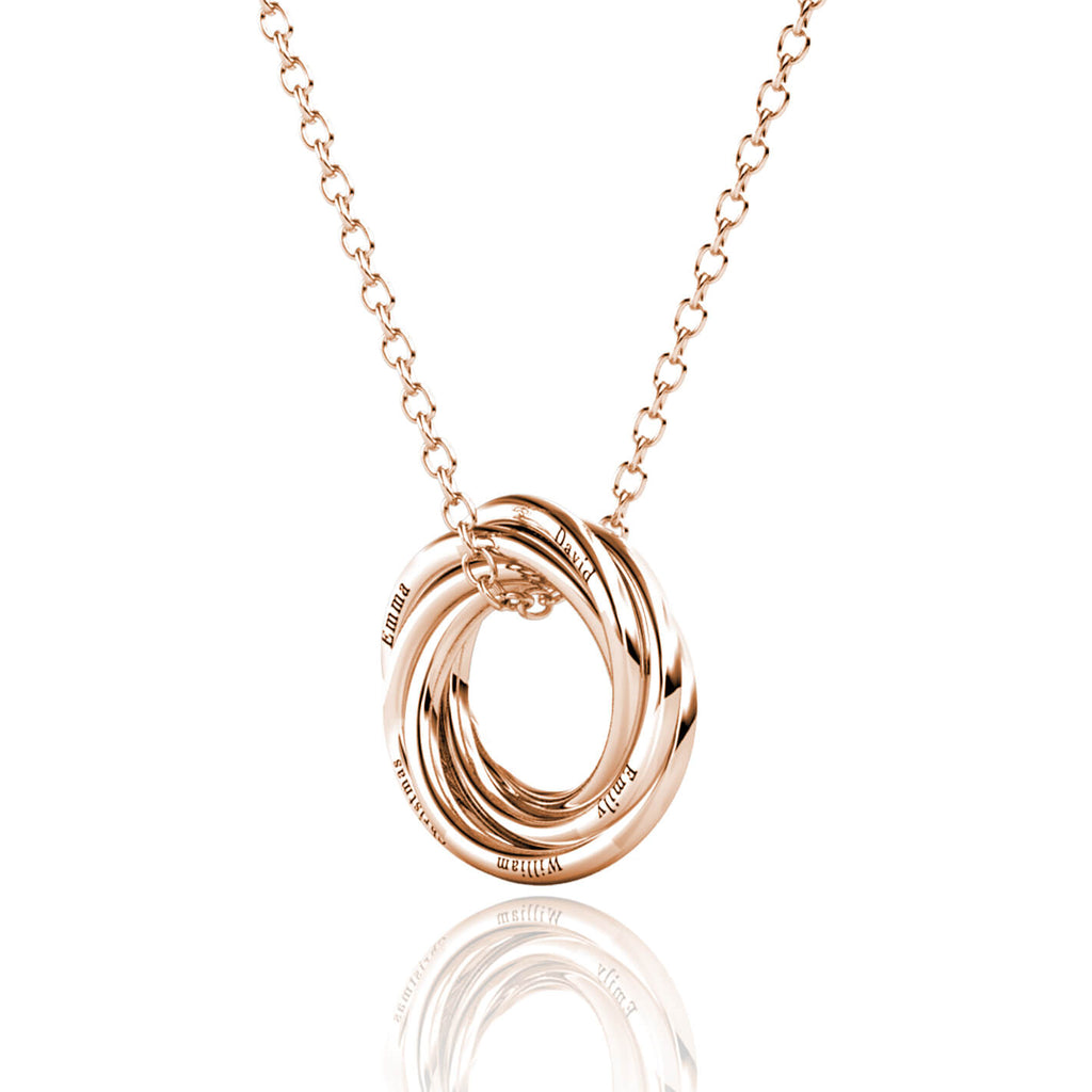 Personalised Russian 5 Ring Necklace with Engraved Names Rose Gold
