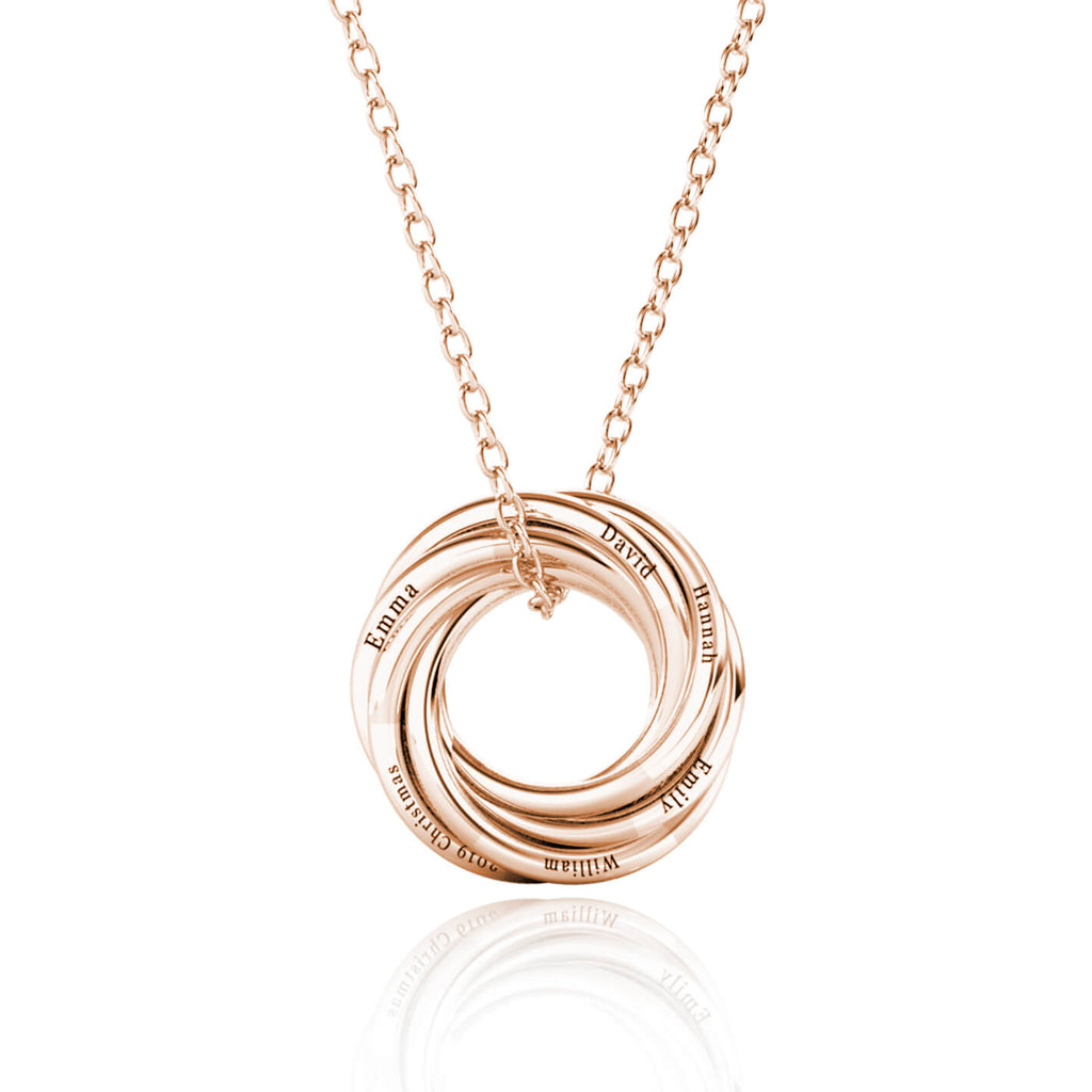 Personalised Russian 6 Ring Necklace with Engraved Children's Names Rose Gold