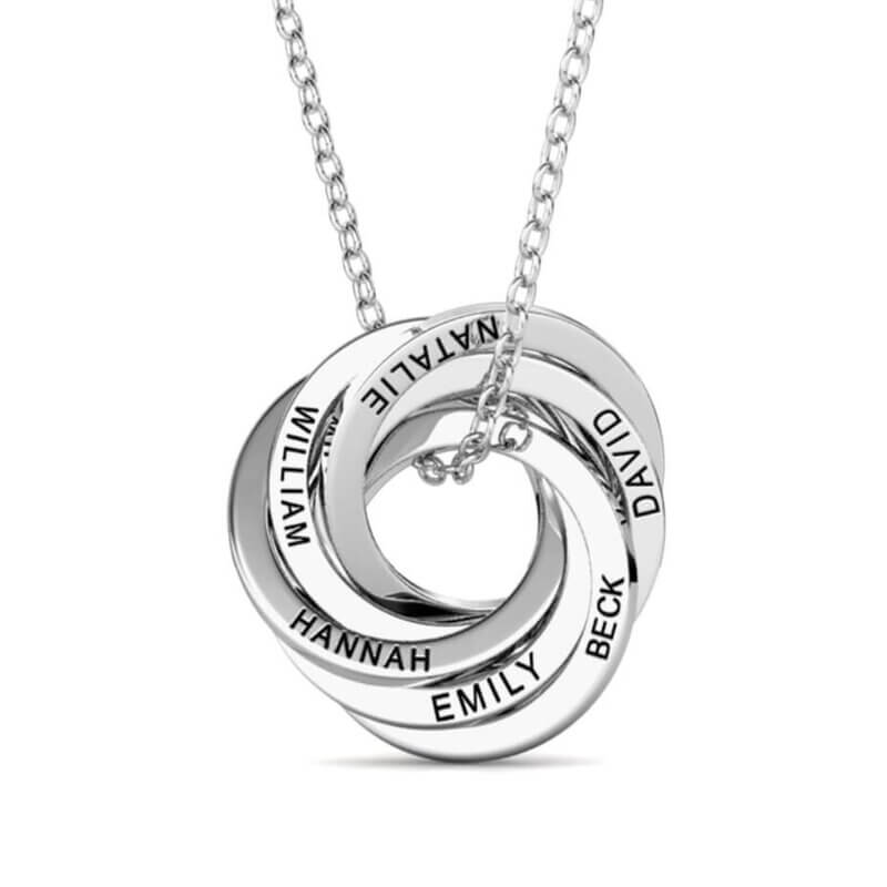 Personalised Russian 6 Ring Necklace with Engraved Names Sterling Silver