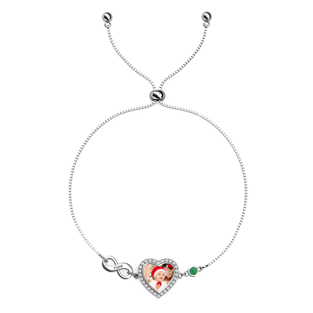 Personalised Heart Photo Bracelet with Infinity Engraved Charm and Birthstone Sterling Silver