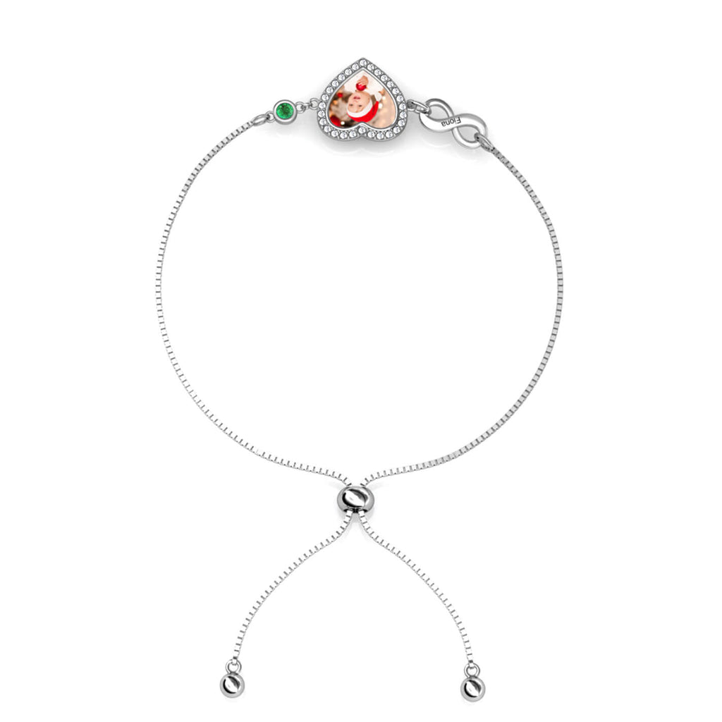 Personalised Heart Photo Bracelet with Infinity Engraved Charm and Birthstone Sterling Silver