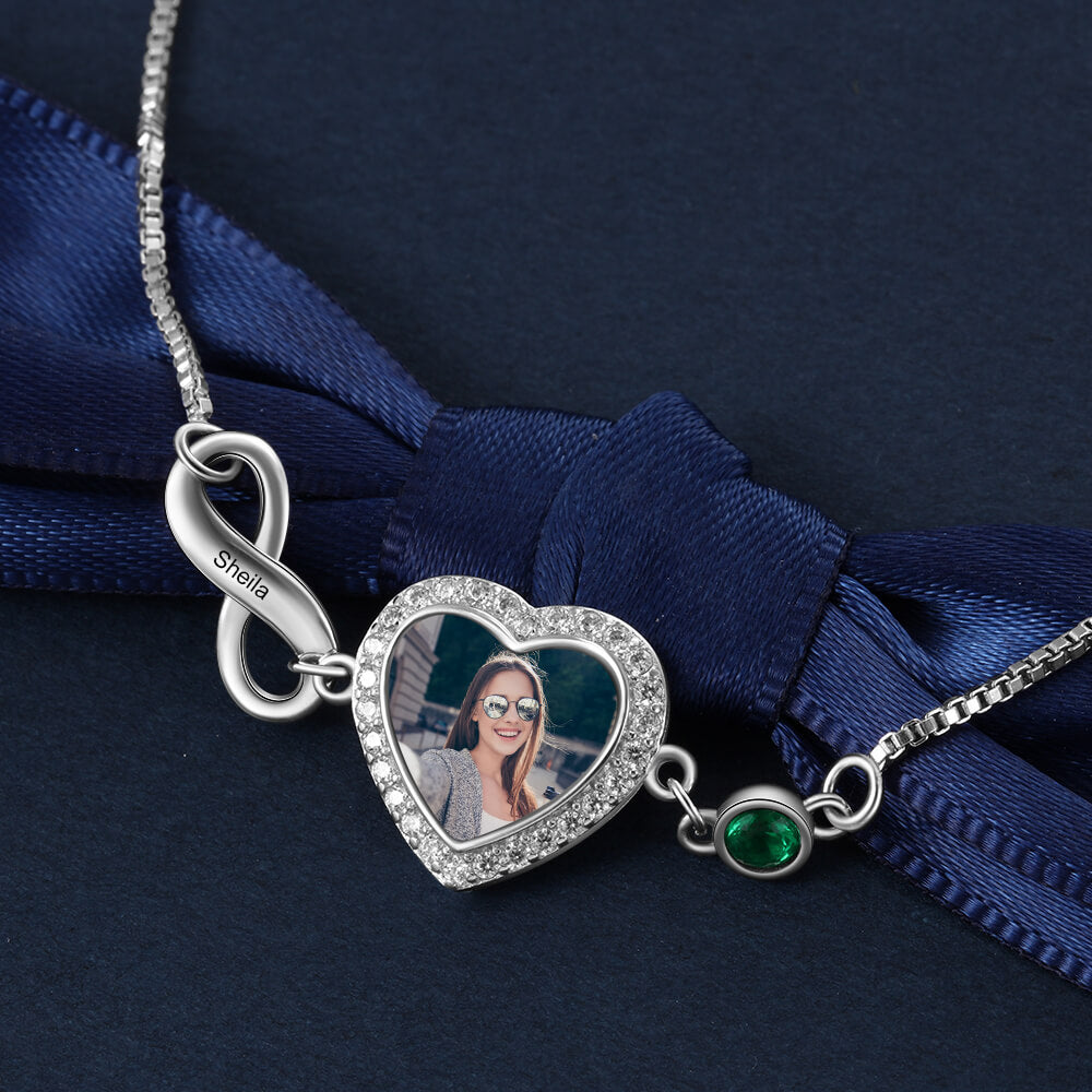 Personalised Heart Photo Bracelet with Infinity Engraved Charm and Birthstone Sterling Silver