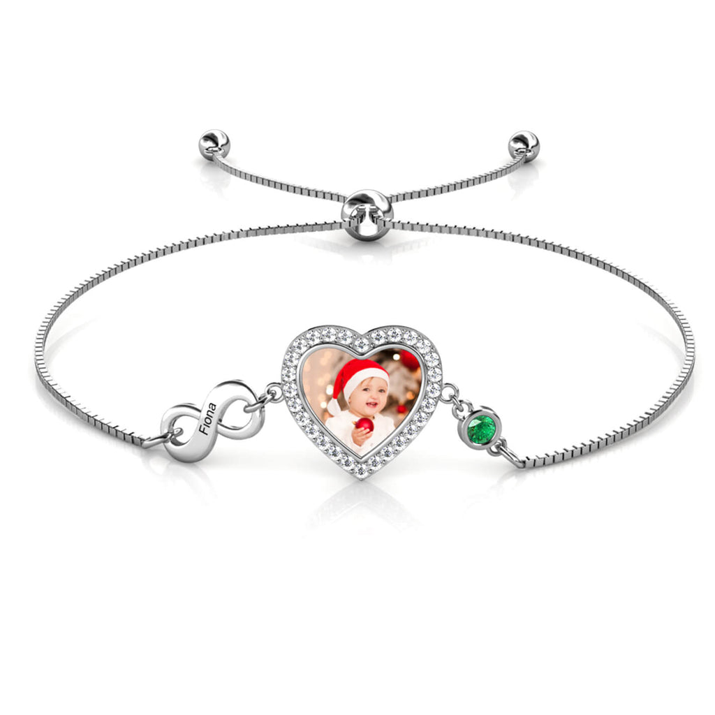 Personalised Heart Photo Bracelet with Infinity Engraved Charm and Birthstone Sterling Silver