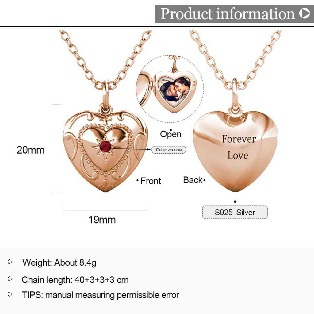 Personalised Photo Heart Locket Necklace with Birthstone Rose Gold