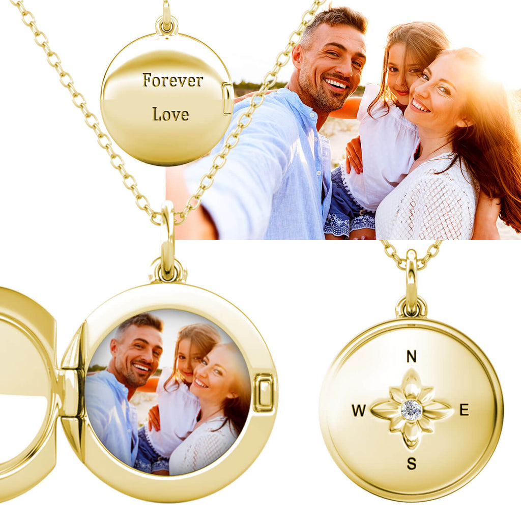 Personalised Photo Round Locket Necklace with Birthstone - Yellow Gold