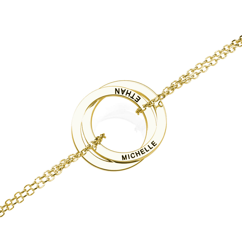 Personalised Russian 2 Ring Bracelet with Engraved Names Yellow Gold