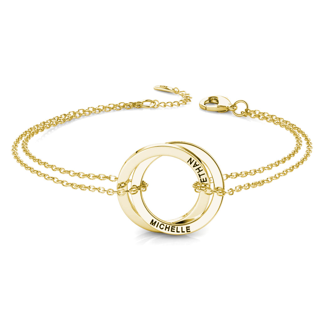 Personalised Russian 2 Ring Bracelet with Engraved Names Yellow Gold