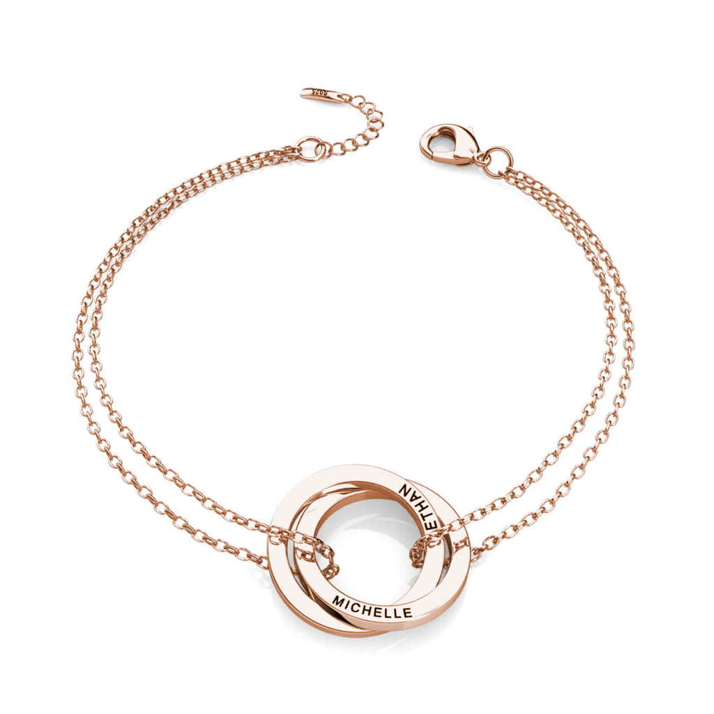 Personalised Russian 2 Ring Bracelet with Engraved Names Rose Gold