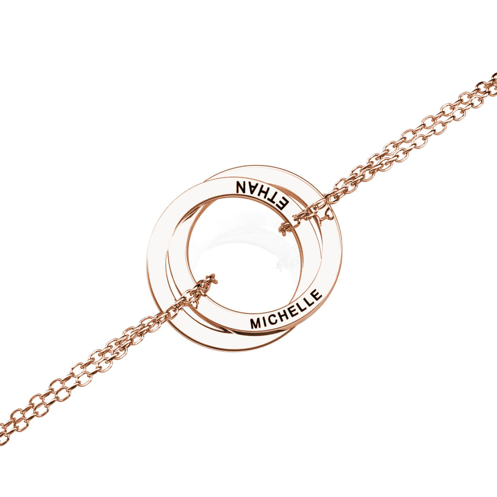 Personalised Russian 2 Ring Bracelet with Engraved Names Rose Gold