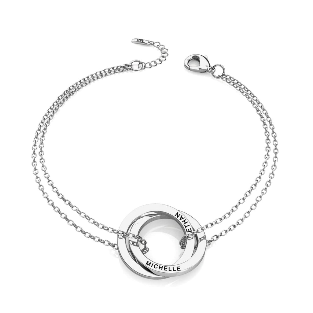 Personalised Russian 2 Ring Bracelet with Engraved Names Sterling Silver