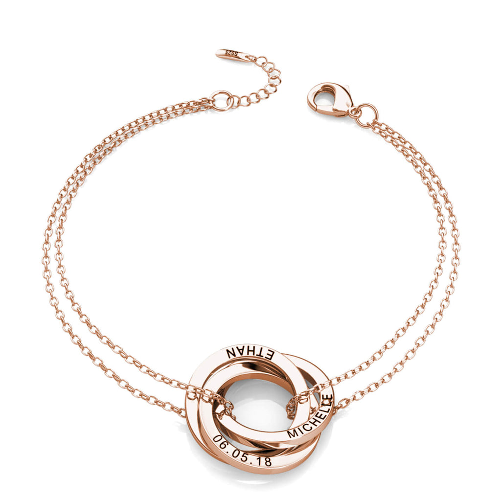 Personalised Russian 3 Ring Bracelet with Engraved Names Rose Gold