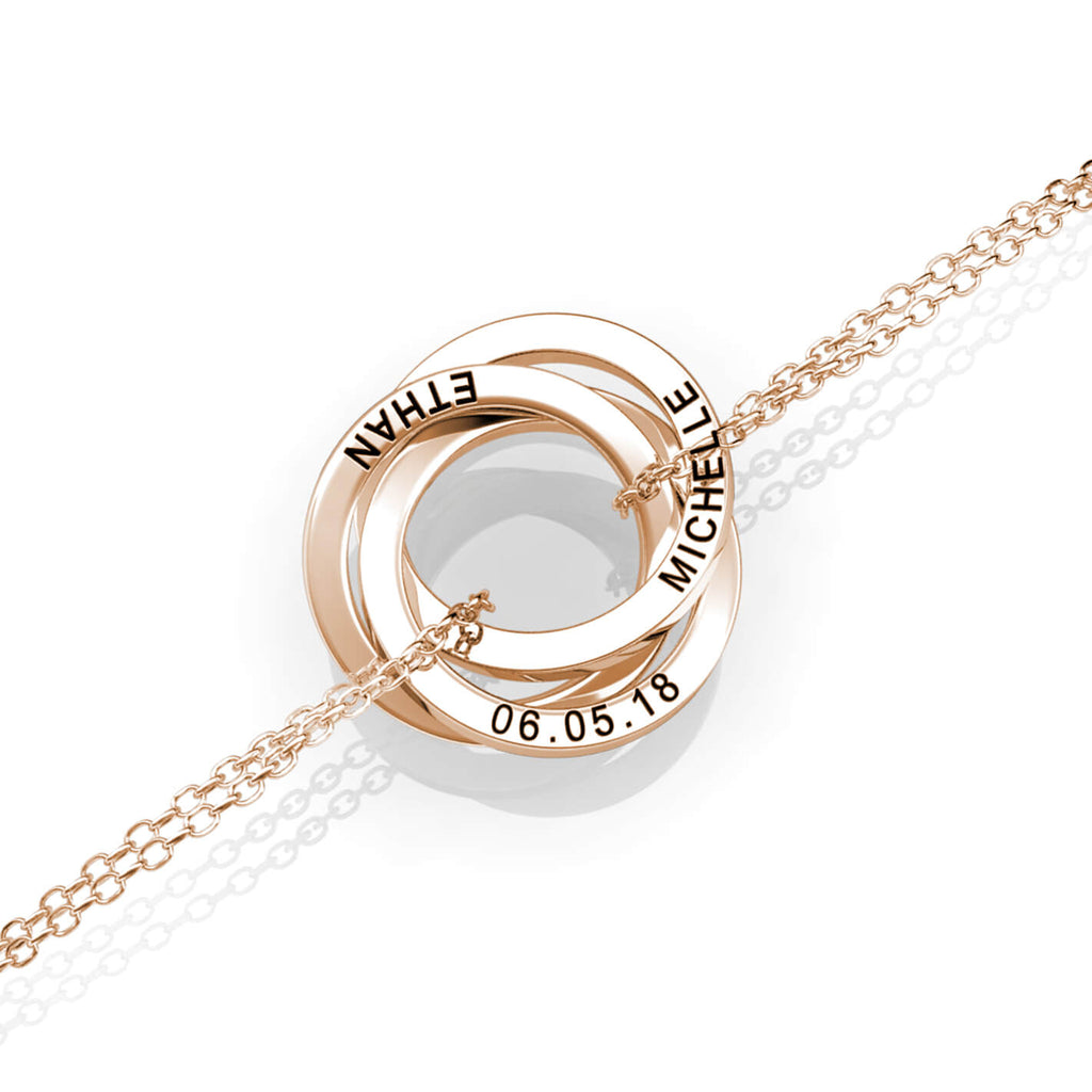 Personalised Russian 3 Ring Bracelet with Engraved Names Rose Gold