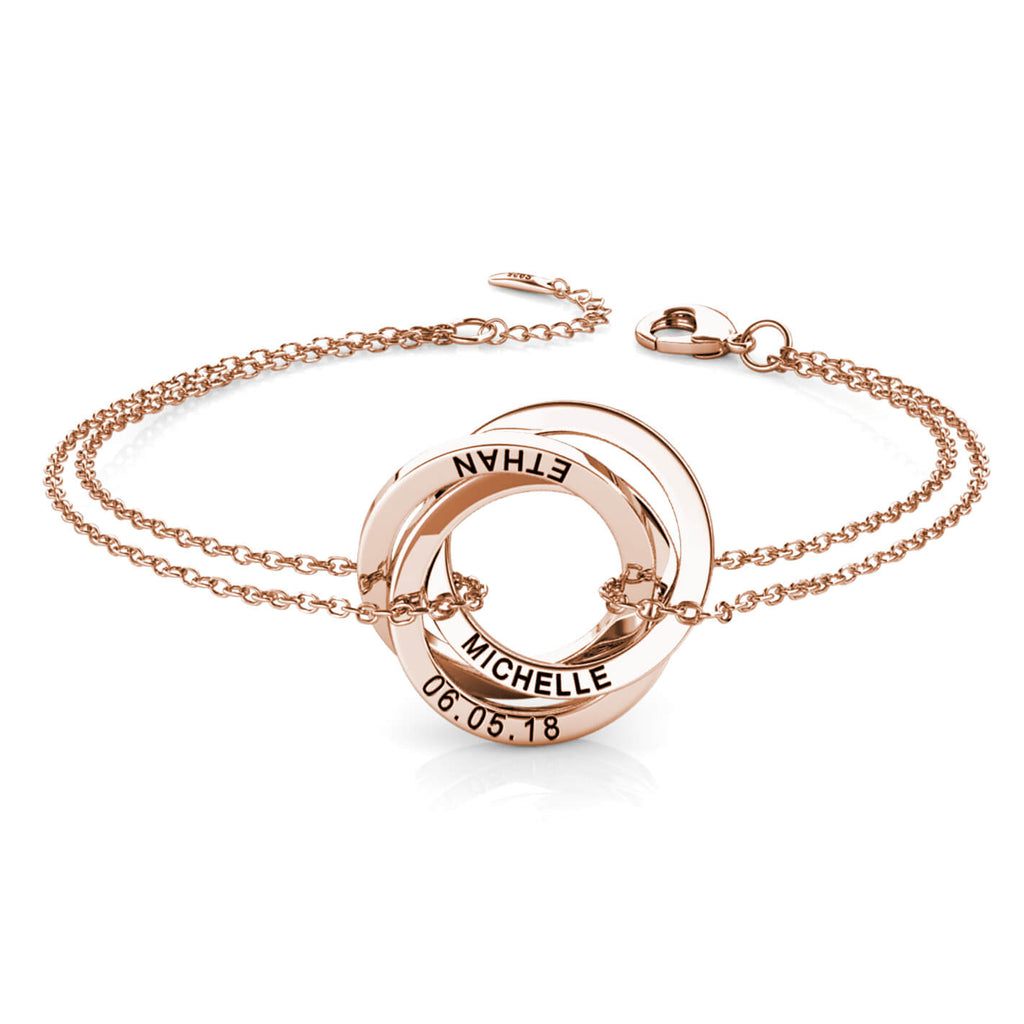 Personalised Russian 3 Ring Bracelet with Engraved Names Rose Gold