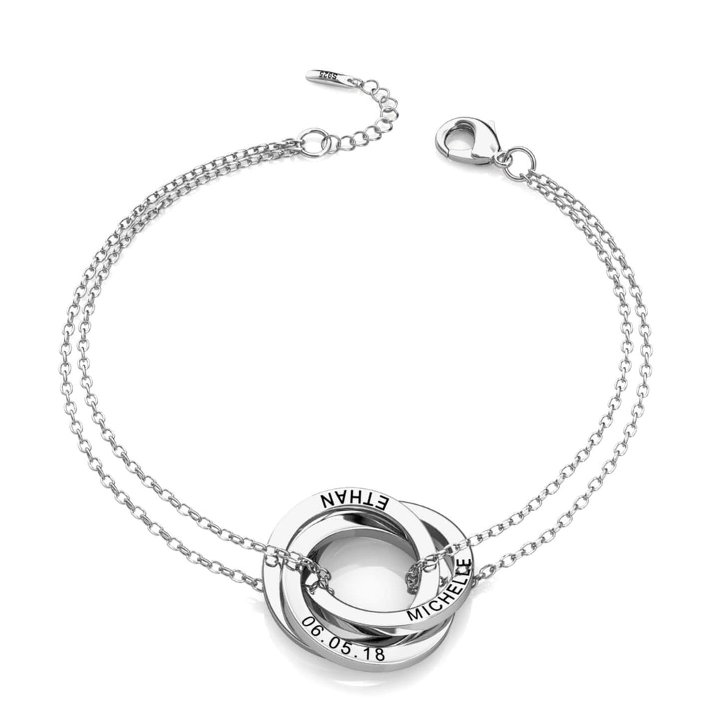 Personalised Russian 3 Ring Bracelet with Engraved Names Sterling Silver