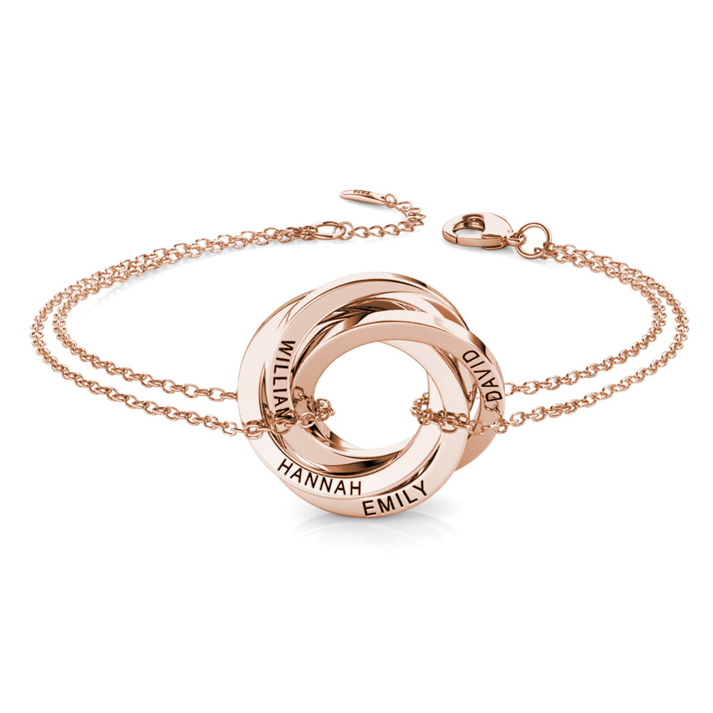 Personalised Russian 4 Ring Bracelet with Engraved Names Rose Gold