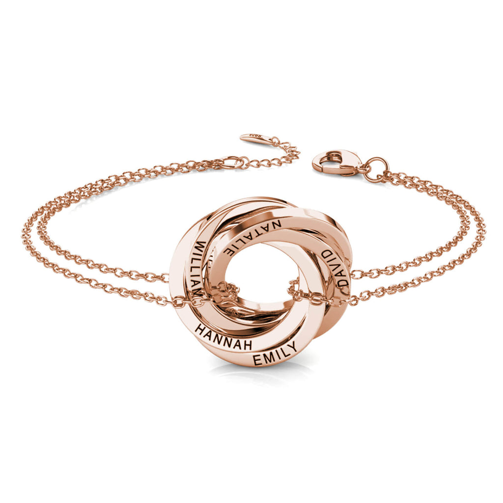 Personalised Russian 5 Ring Bracelet with Engraved Names Rose Gold