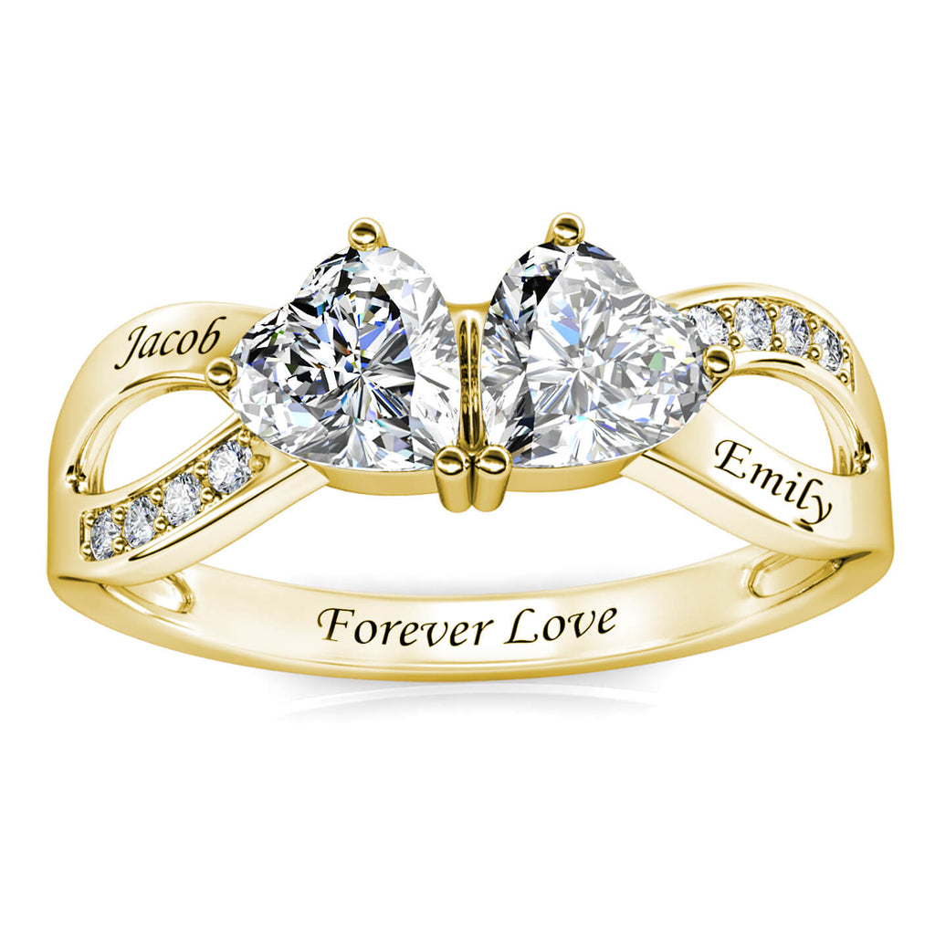 Personalised Two Heart Birthstones Ring with Two Engraved Names Yellow Gold