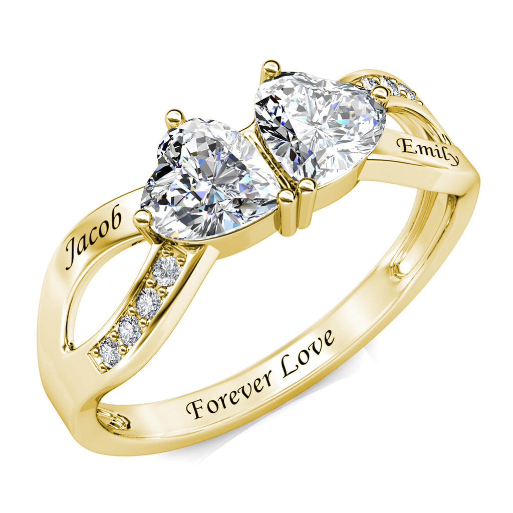 Personalised Two Heart Birthstones Ring with Two Engraved Names Yellow Gold