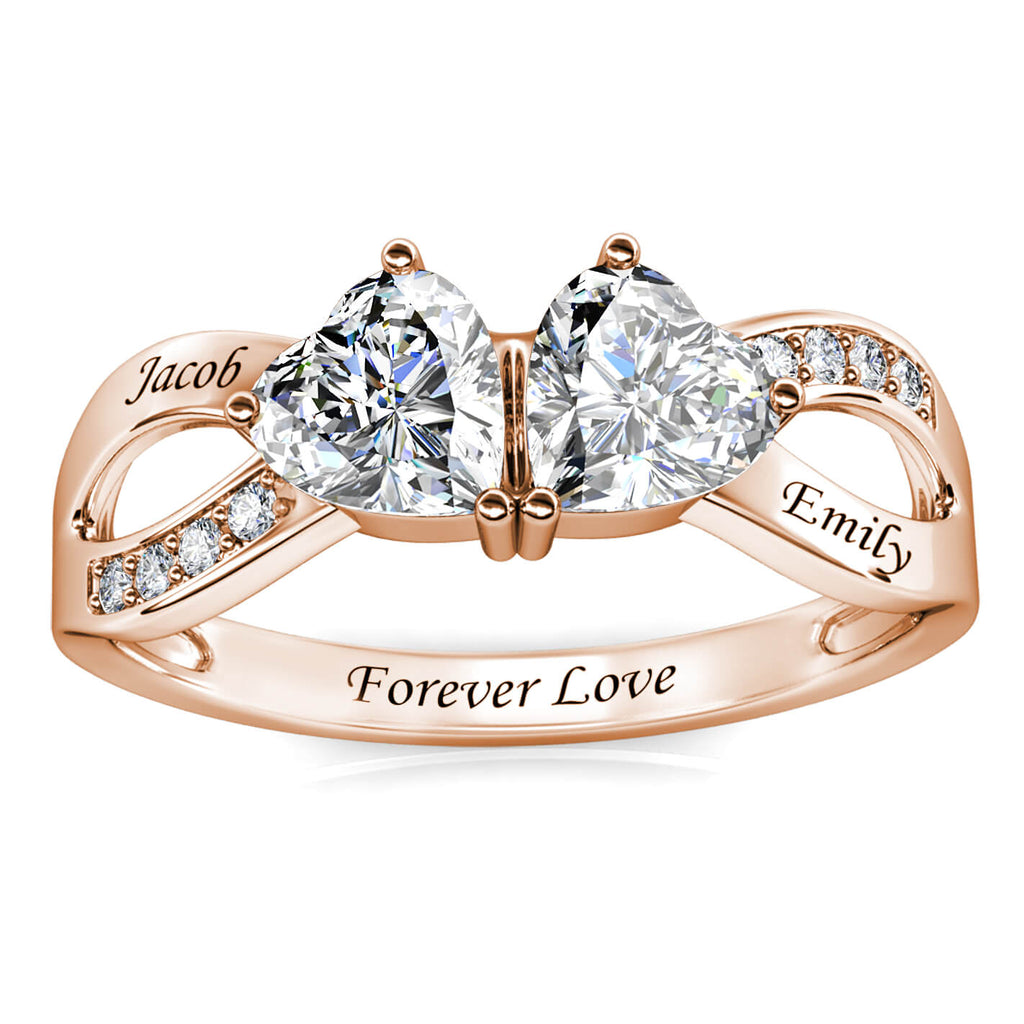 Personalised Two Heart Birthstones Ring with Two Engraved Names Rose Gold