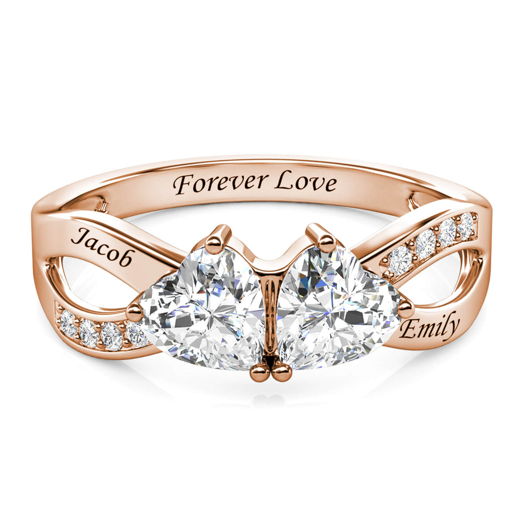 Personalised Two Heart Birthstones Ring with Two Engraved Names Rose Gold