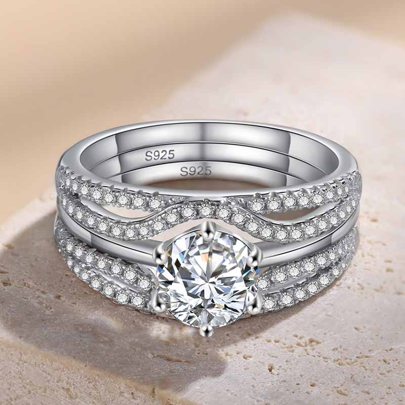 Round Shaped Moissanite Ring Set for Women Sterling Silver